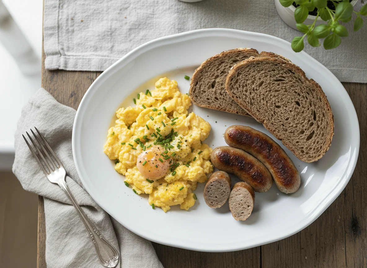 Rührei mit Würstchen und Brot photo