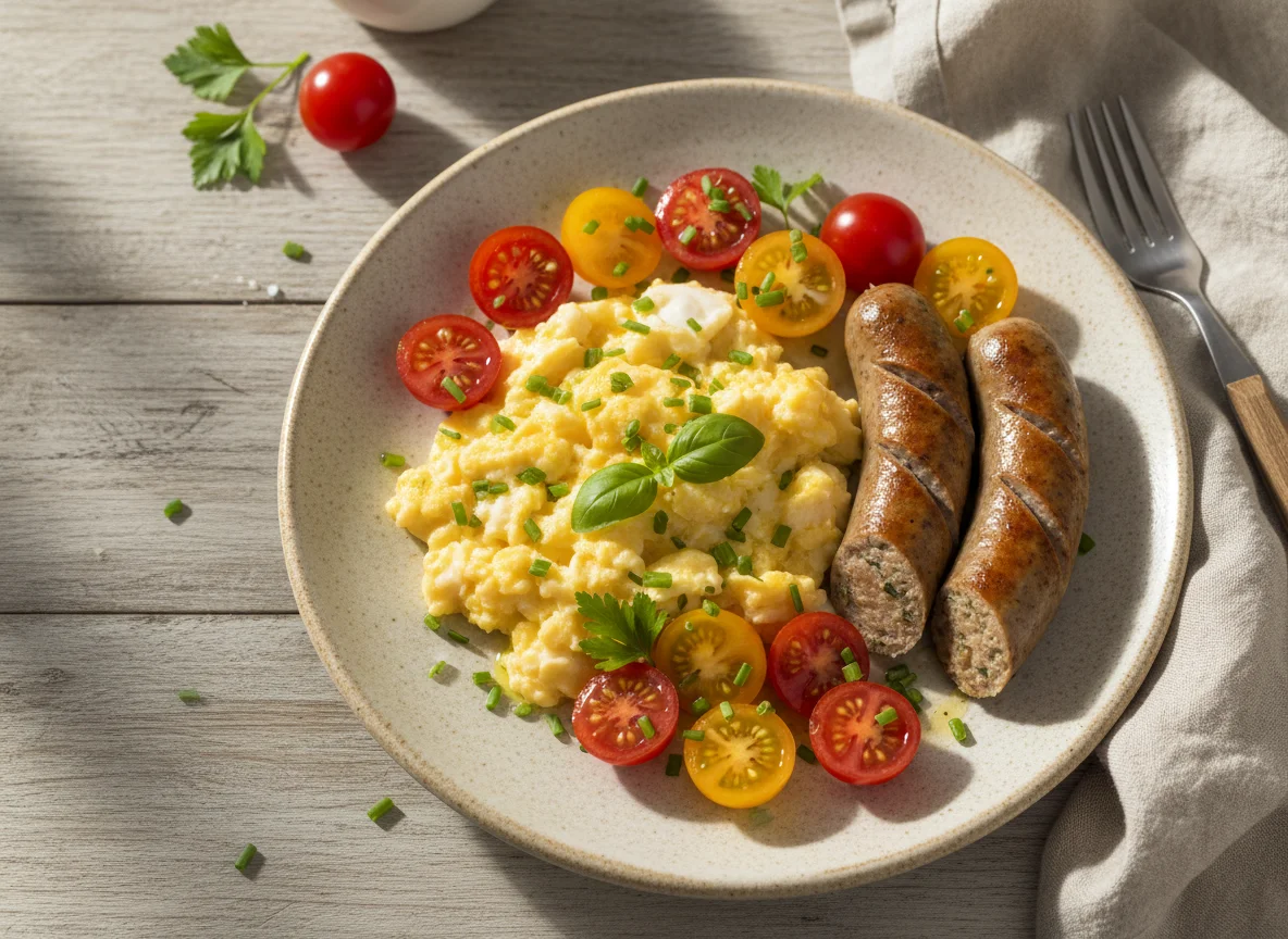 Rührei mit Würstchen und Tomaten photo