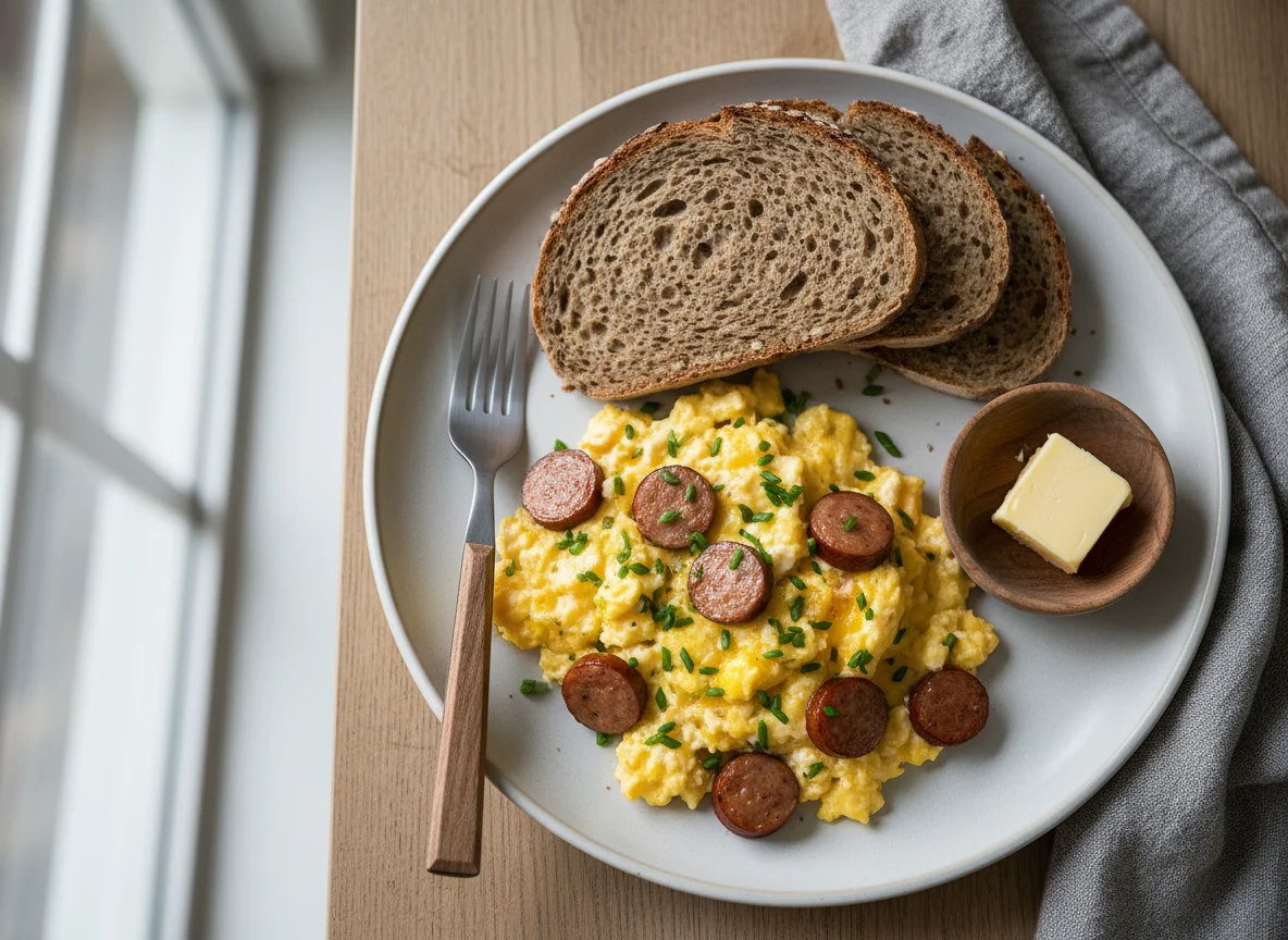 Rührei mit Würstchen und Vollkornbrot photo