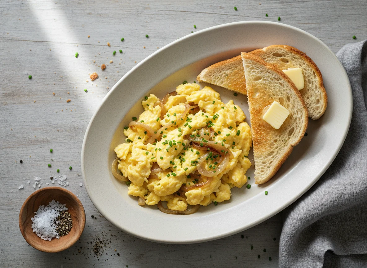 Rührei mit Zwiebeln und Toast photo