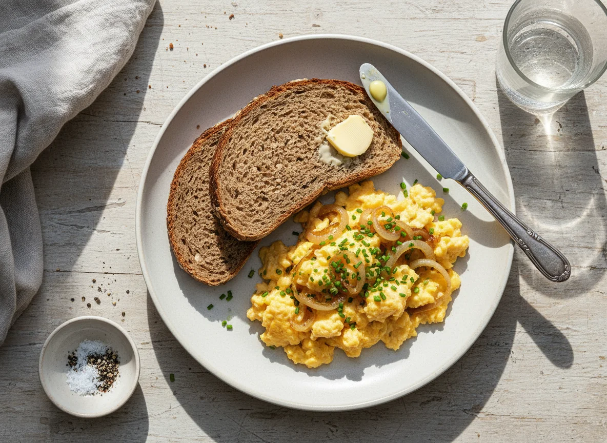 Rührei mit Zwiebeln und Vollkornbrot photo