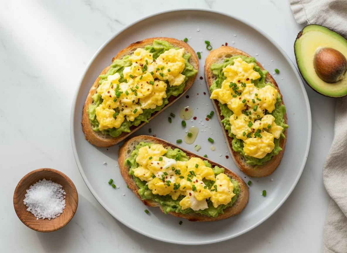 Rührei und Avocado auf Brot photo