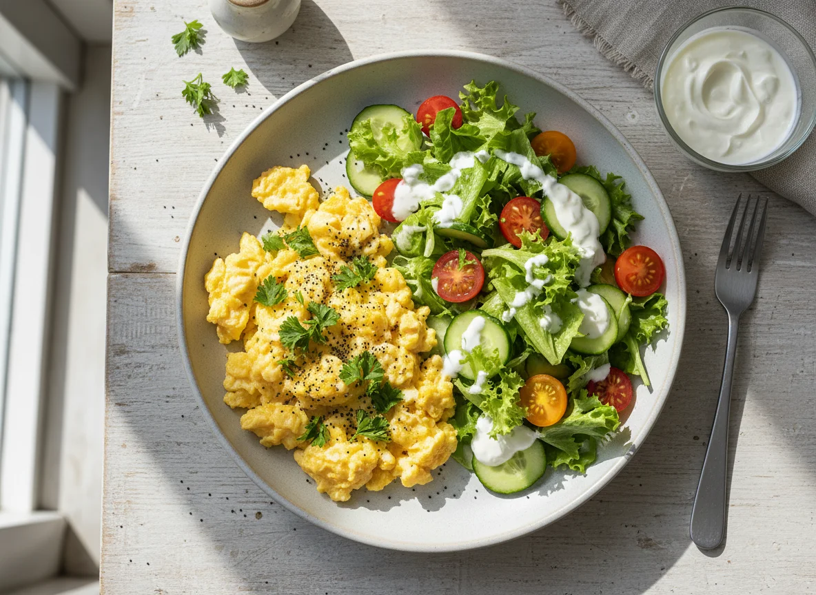 Rührei und Salat mit Tomaten und Gurken photo