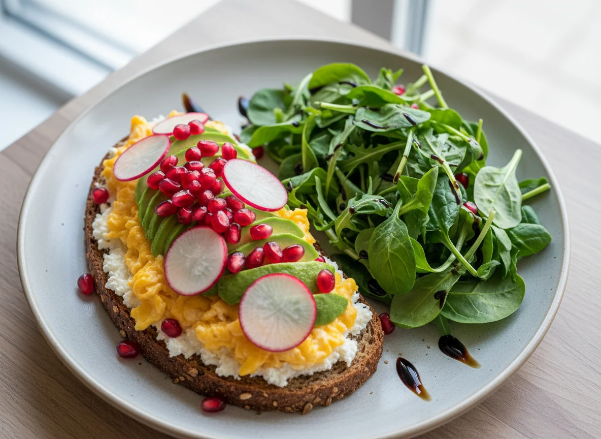 Rührei-Avocado-Brot mit Salat photo