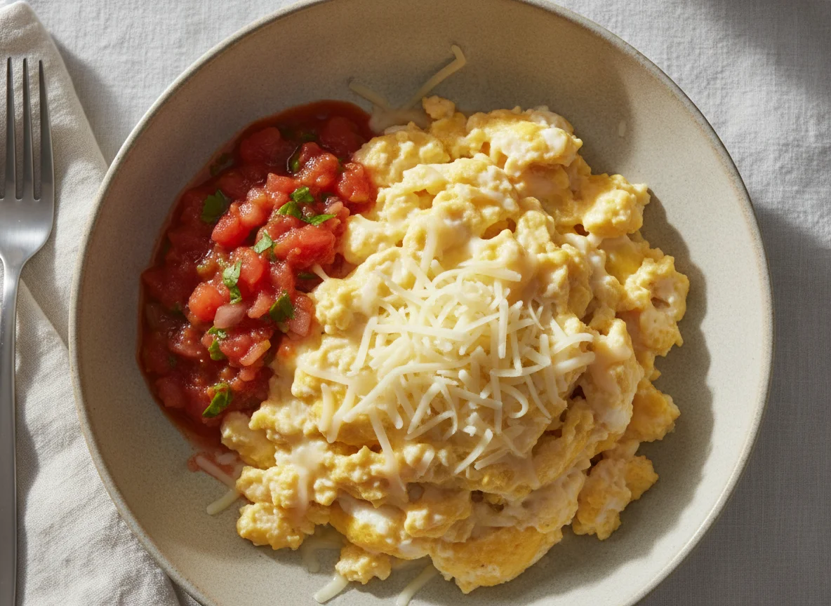 Rührei-Bowl mit Käse und Salsa photo