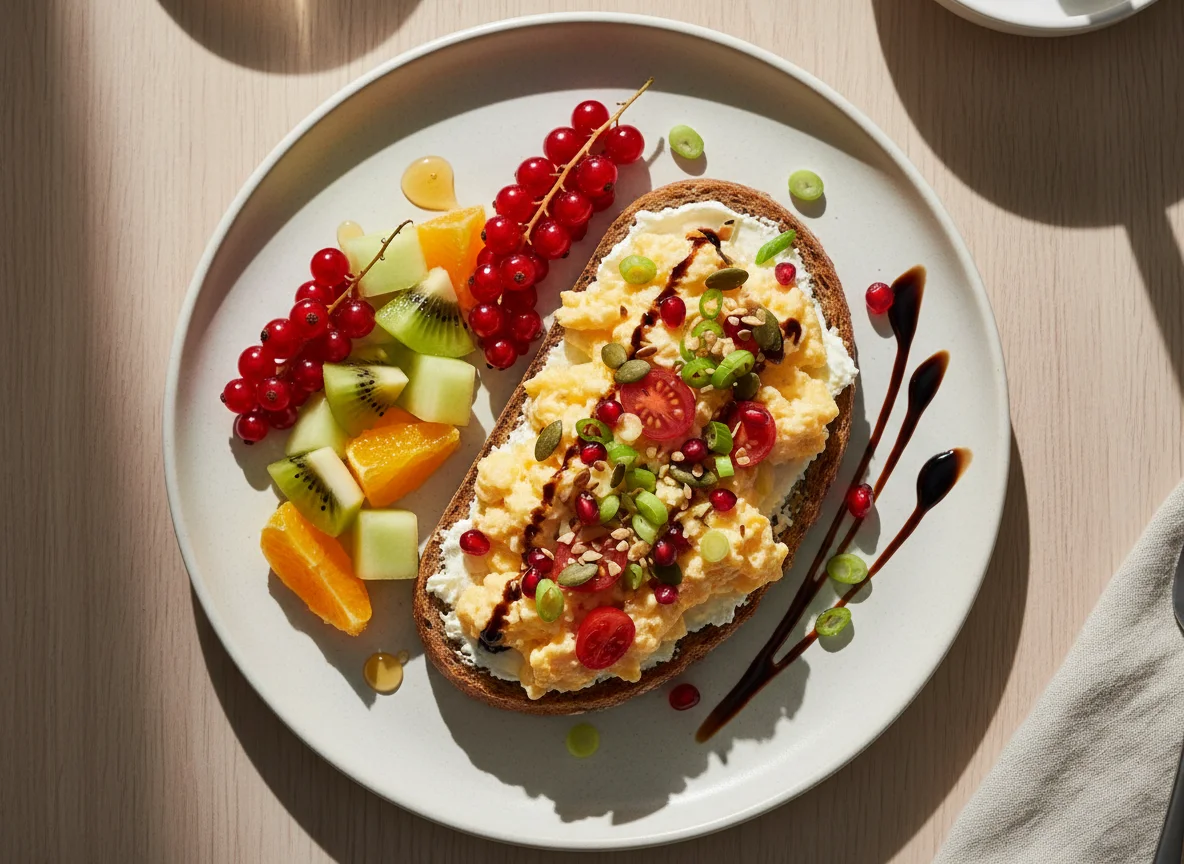 Rührei-Brot mit Früchten photo
