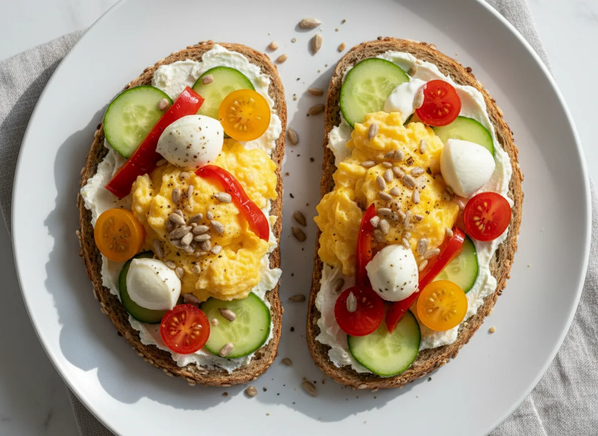 Rührei-Brot mit Gemüse und Mozzarella photo