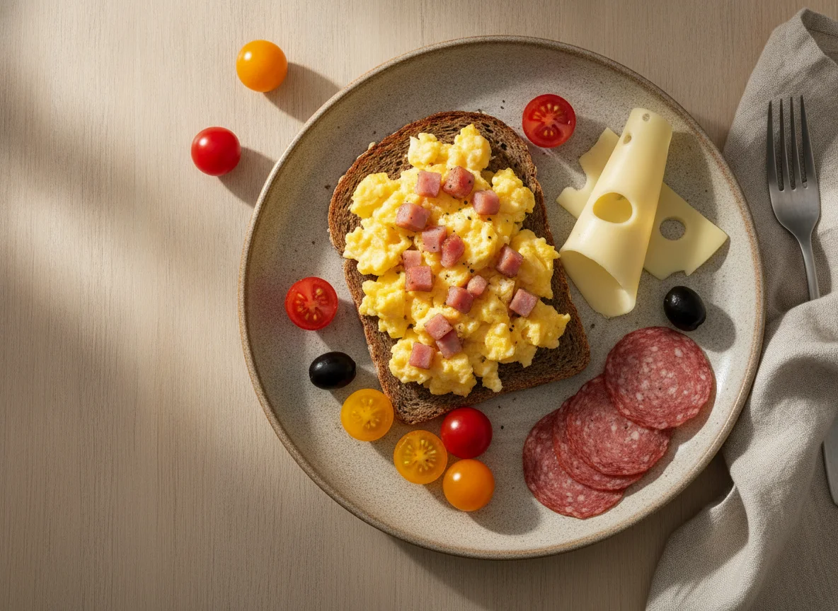Rührei-Brot mit Käse und Beilagen photo