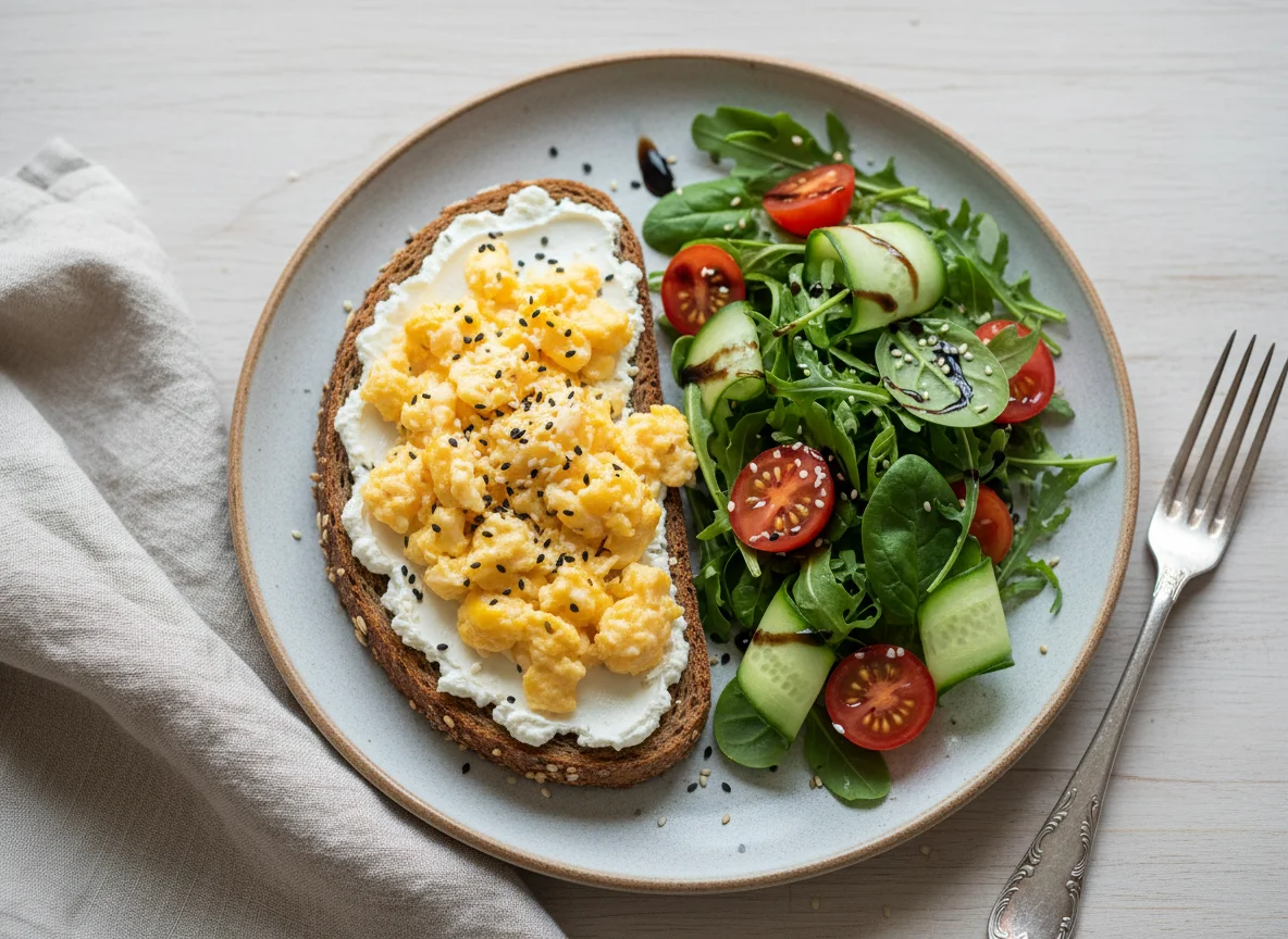 Rührei-Brot mit Salat photo