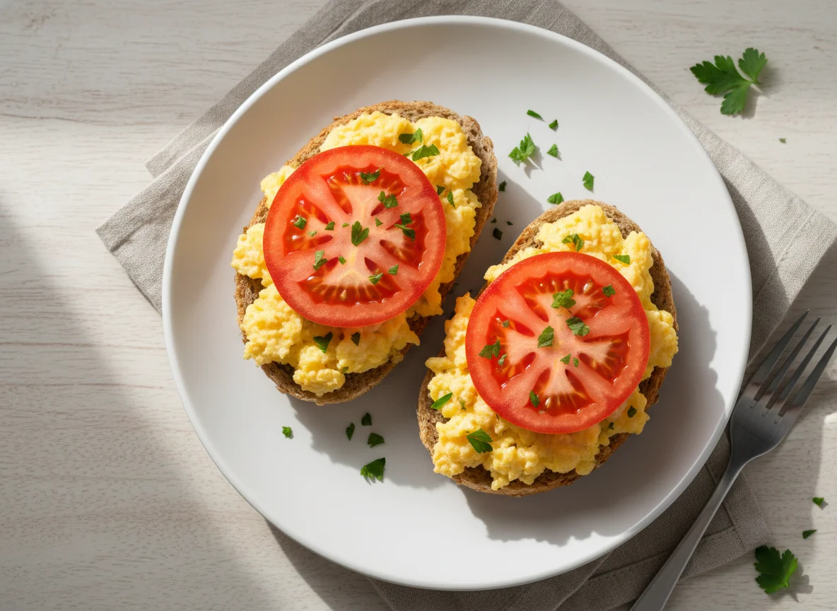 Rührei-Brötchen mit Tomate photo