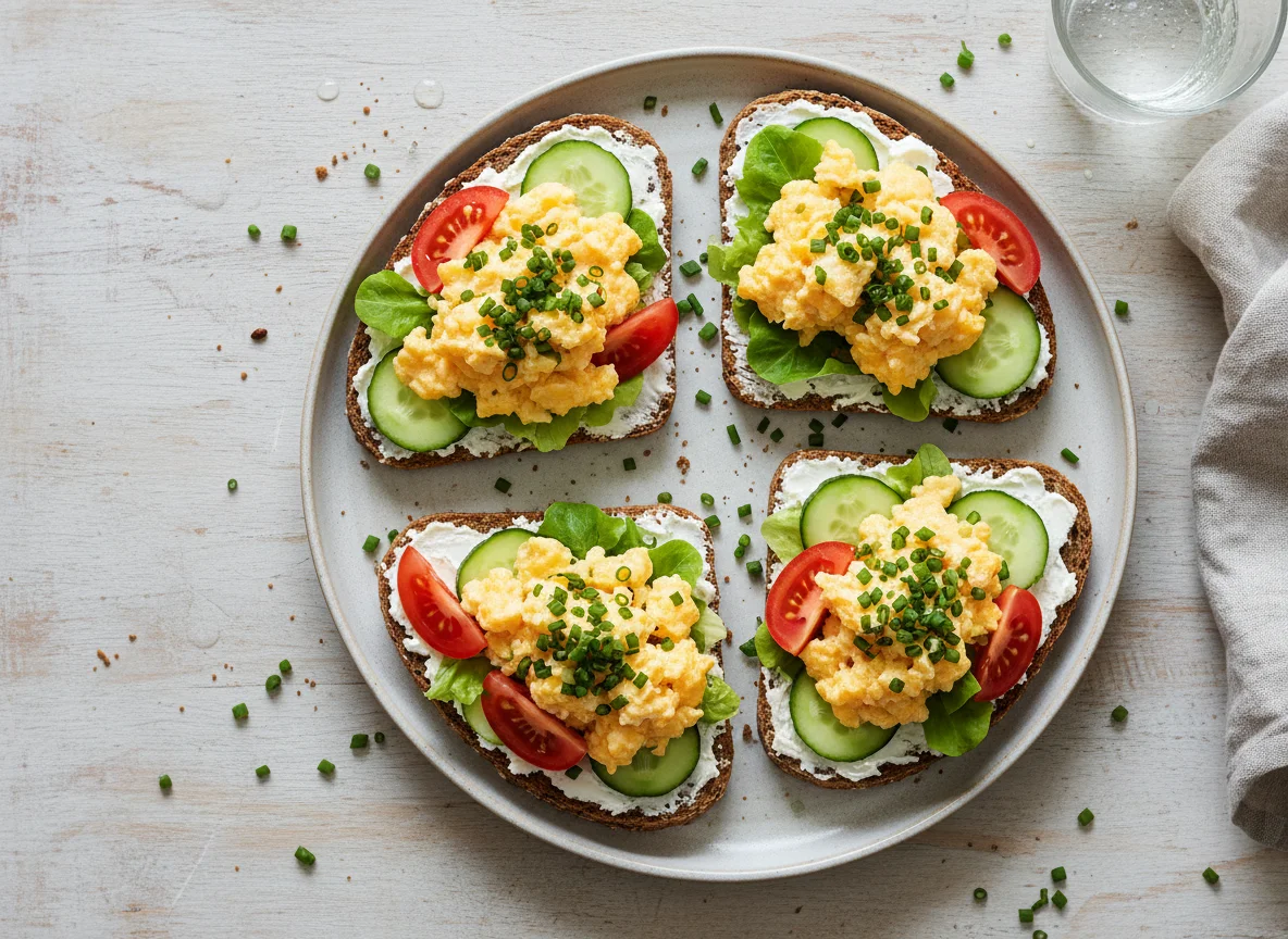 Rührei-Brote mit Frischkäse und Gemüse photo