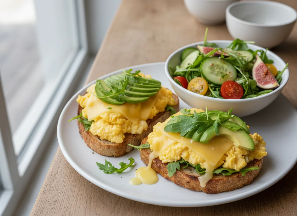 Rührei-Käse-Avocado-Sandwich mit Beilagensalat photo