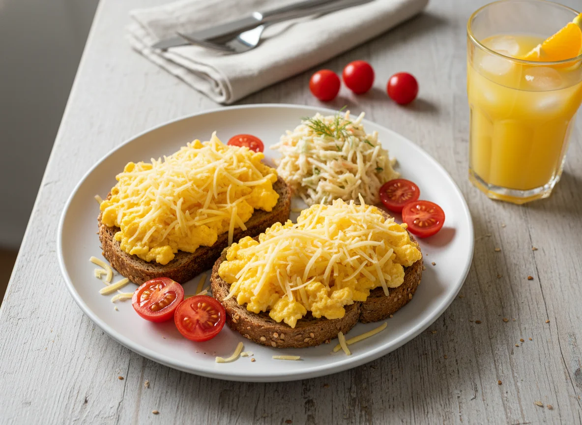 Rührei-Toast mit Käse, Krautsalat und Orangensaft photo