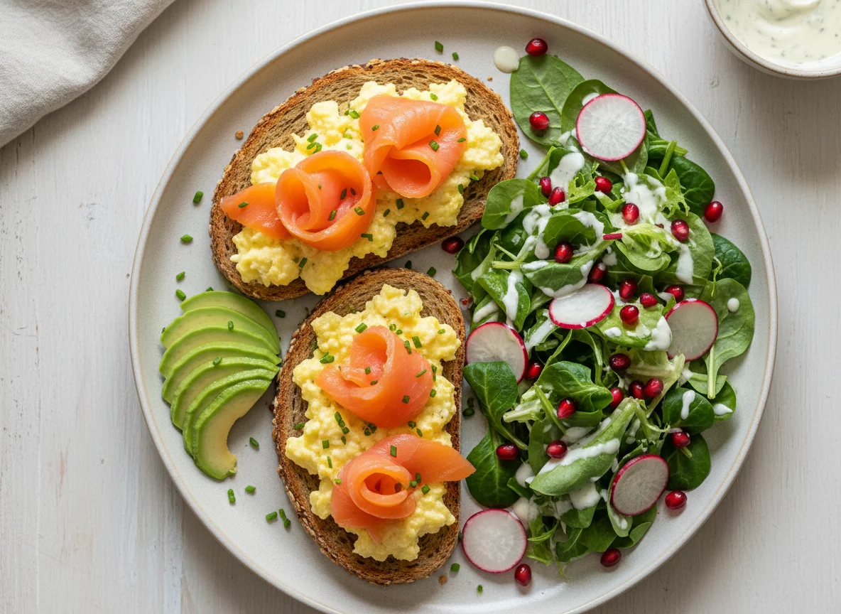 Rührei-Toast mit Lachs und Salat photo