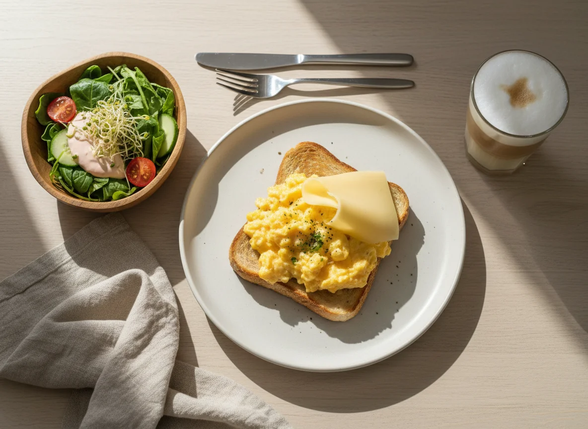 Rührei-Toast mit Salat und Latte Macchiato photo