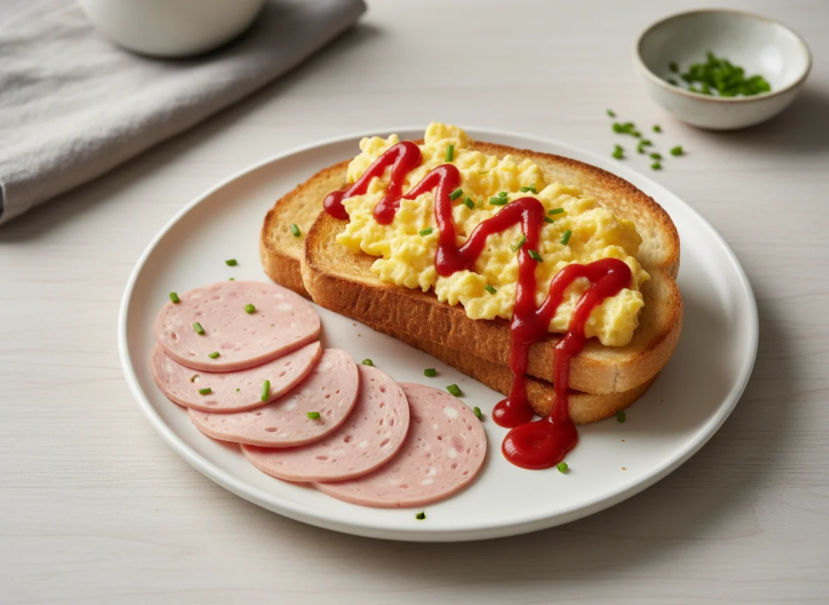 Rührei-Toast mit Wurst und Ketchup photo