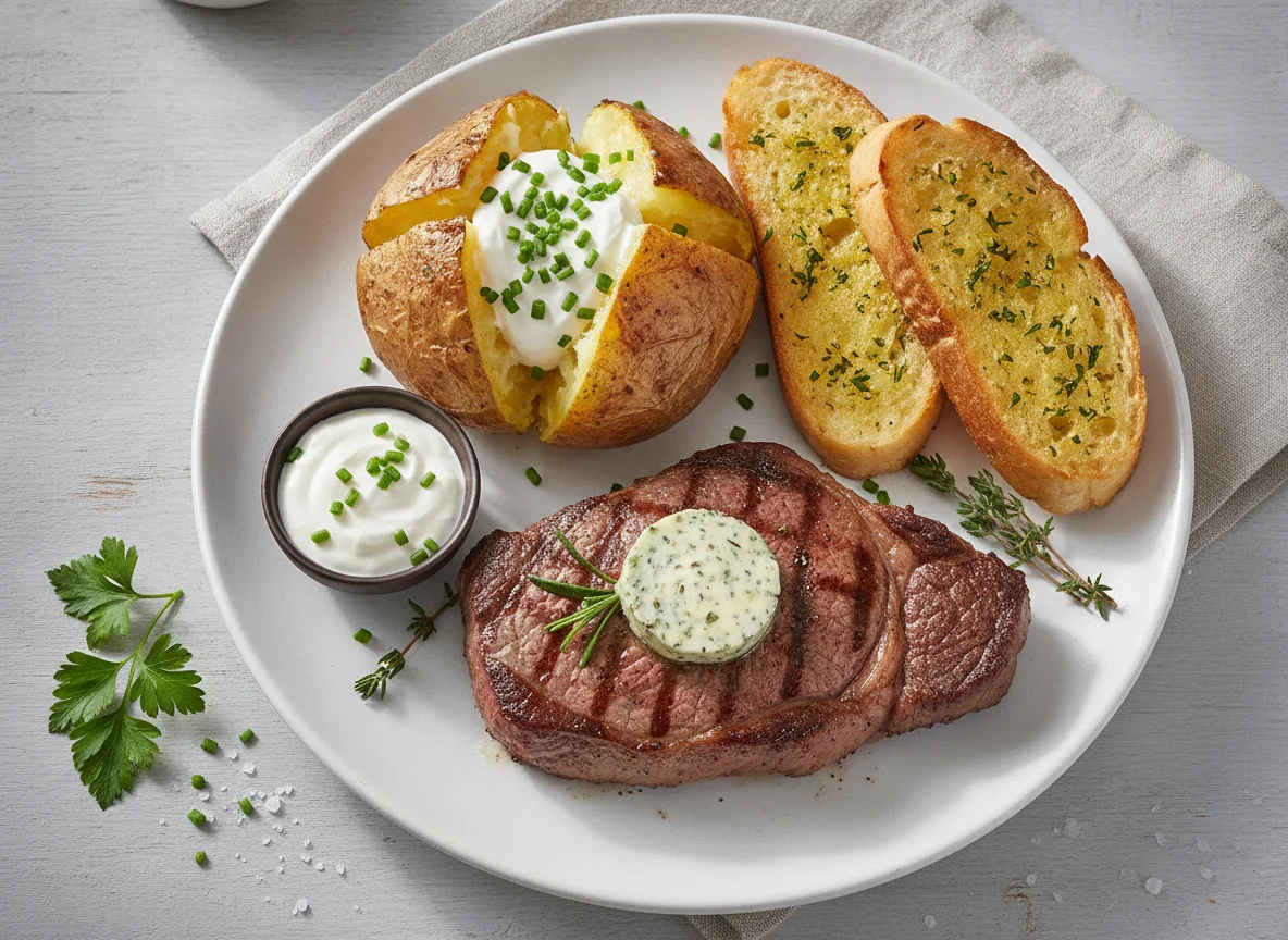 Rumpsteak mit Ofenkartoffel und Knoblauchbrot photo