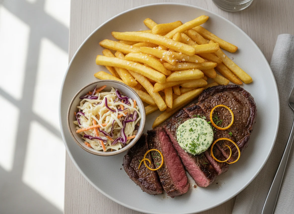 Rumpsteak mit Pommes frites und Kräuterbutter photo