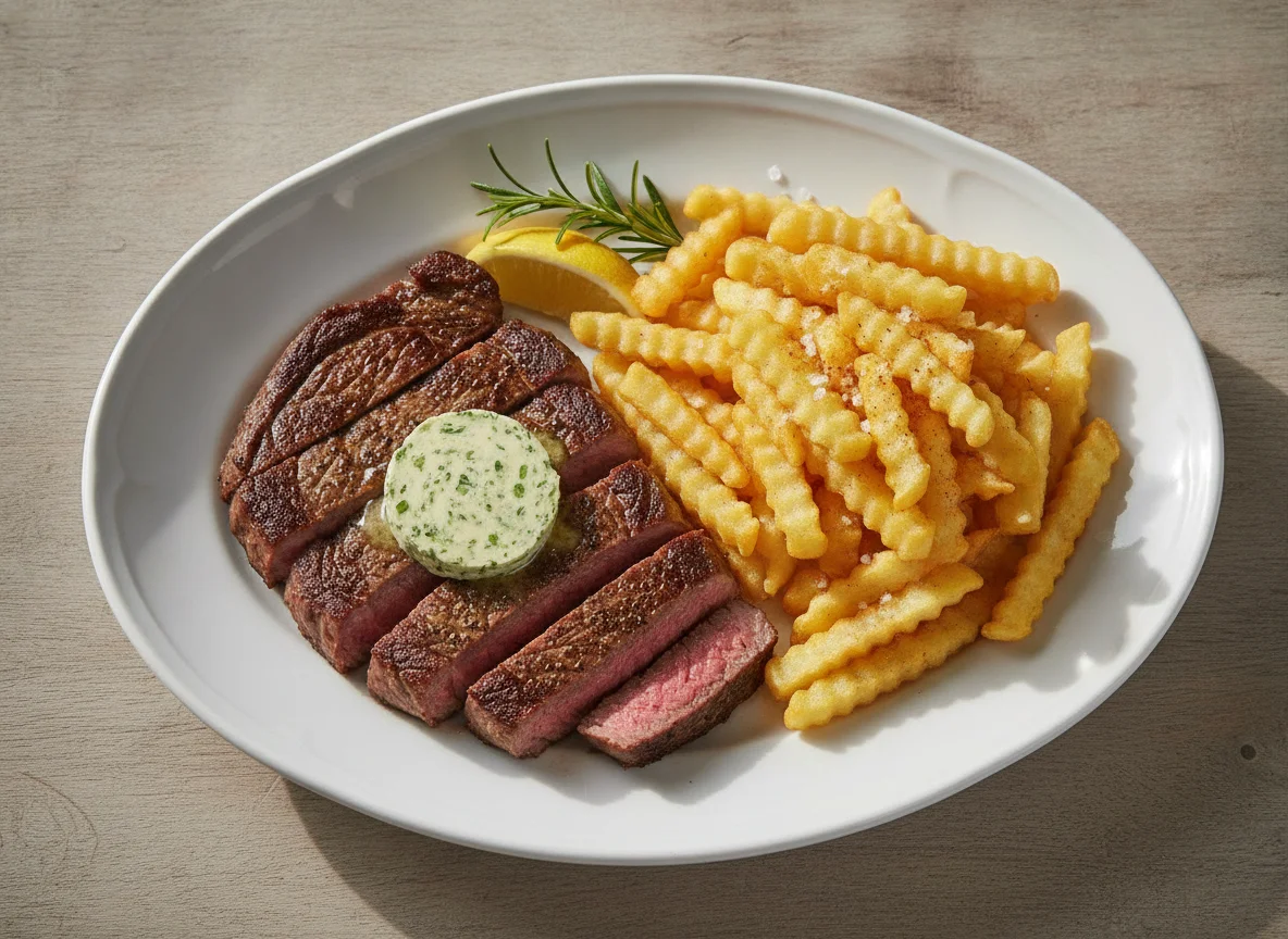 Rumpsteak mit Pommes und Kräuterbutter photo