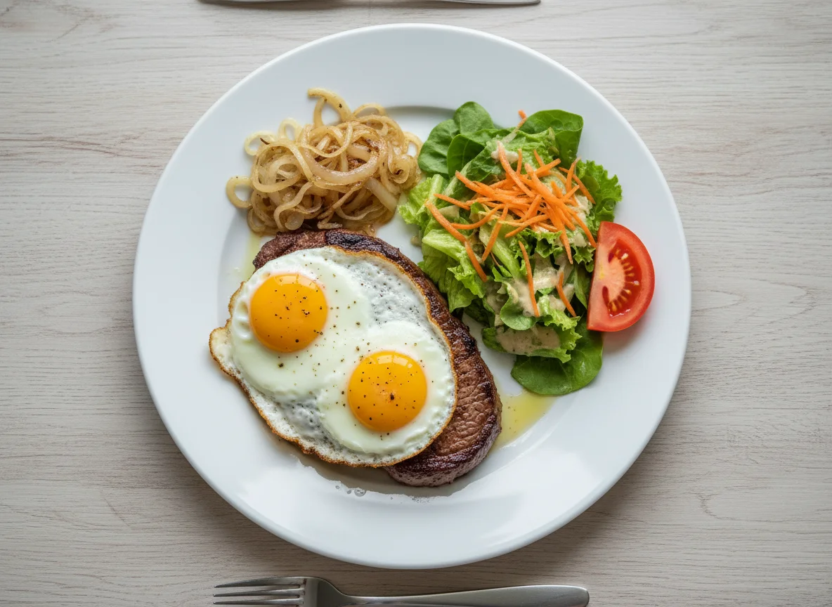 Rumpsteak mit Spiegelei und Salat photo