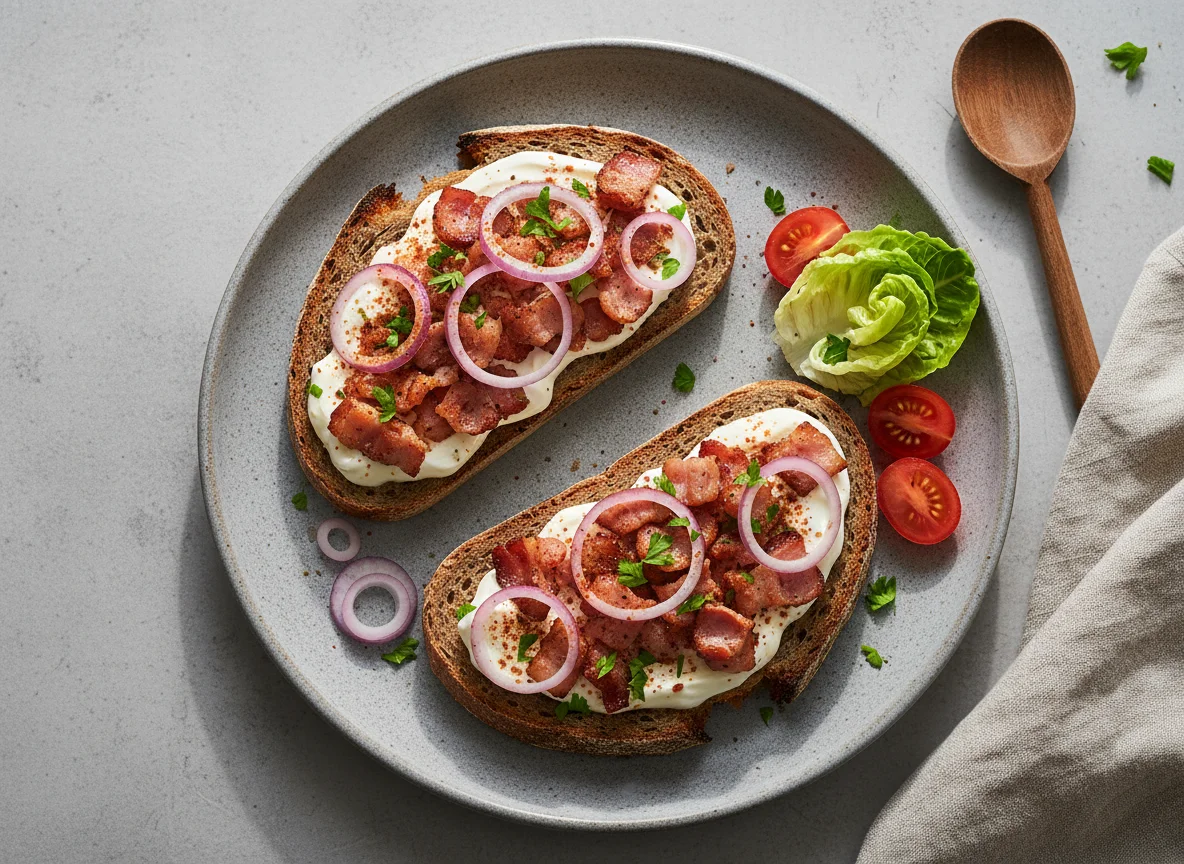 Rustikale Brote mit Speck und Sauerrahm photo