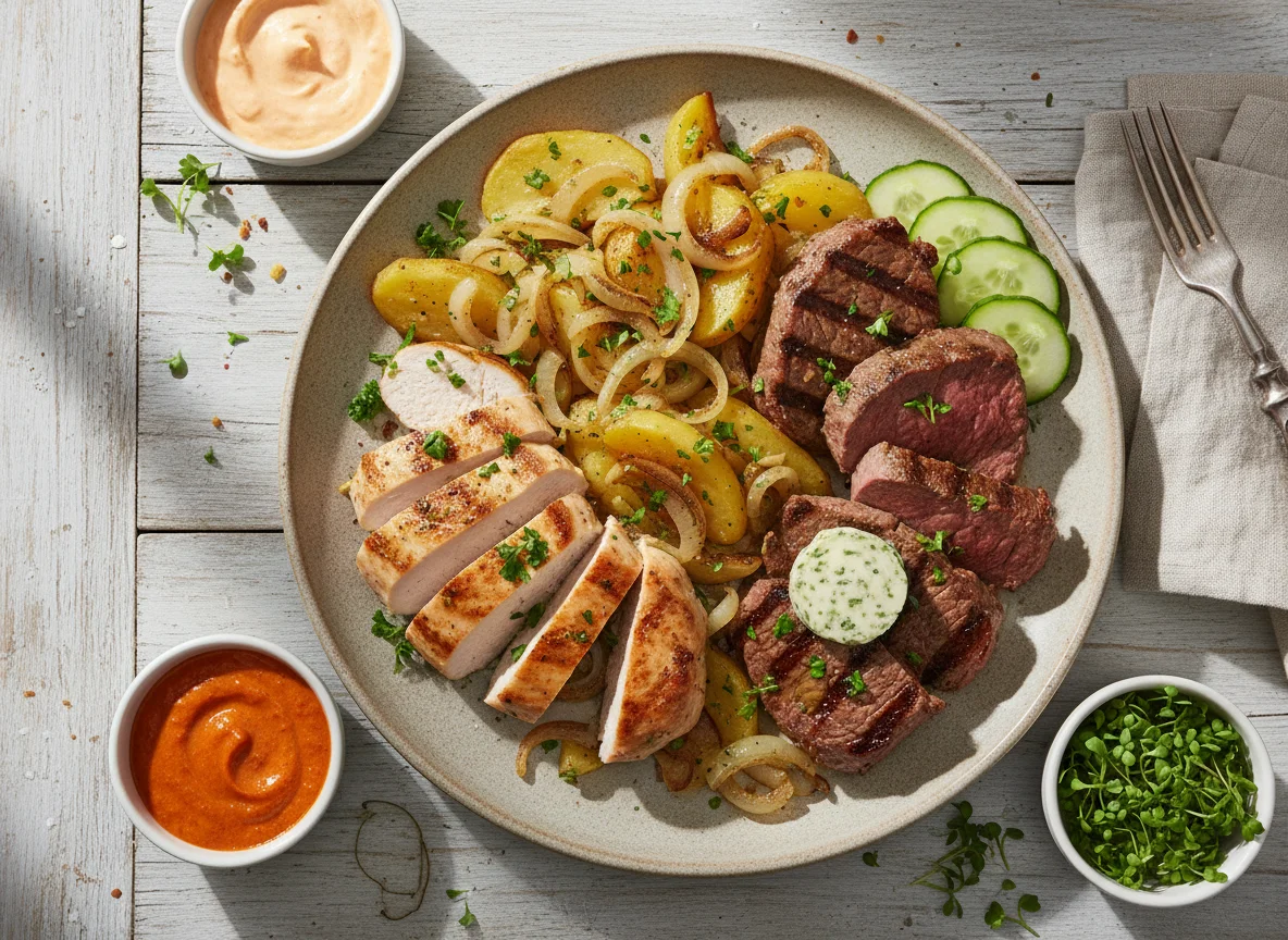 Rustikaler Fleisch- und Kartoffelteller photo
