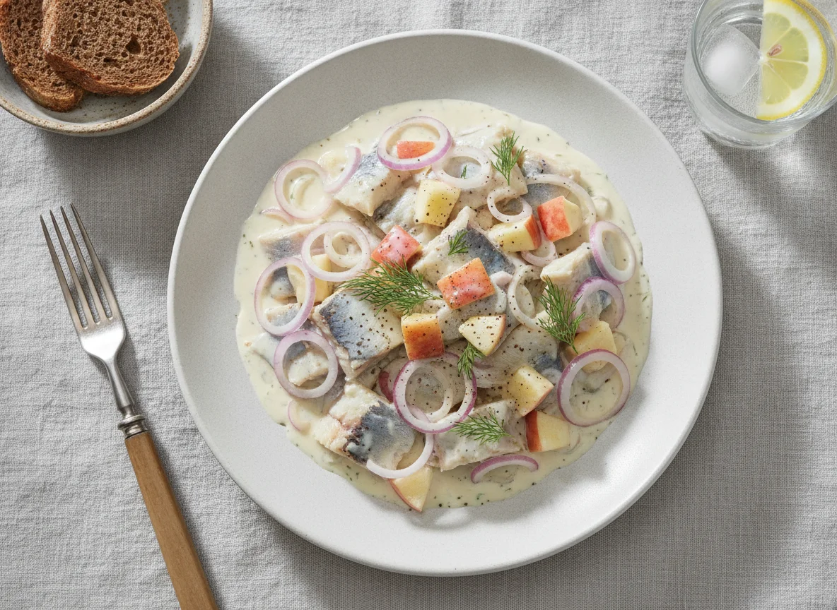 Sahnehering mit Äpfeln und Zwiebeln photo