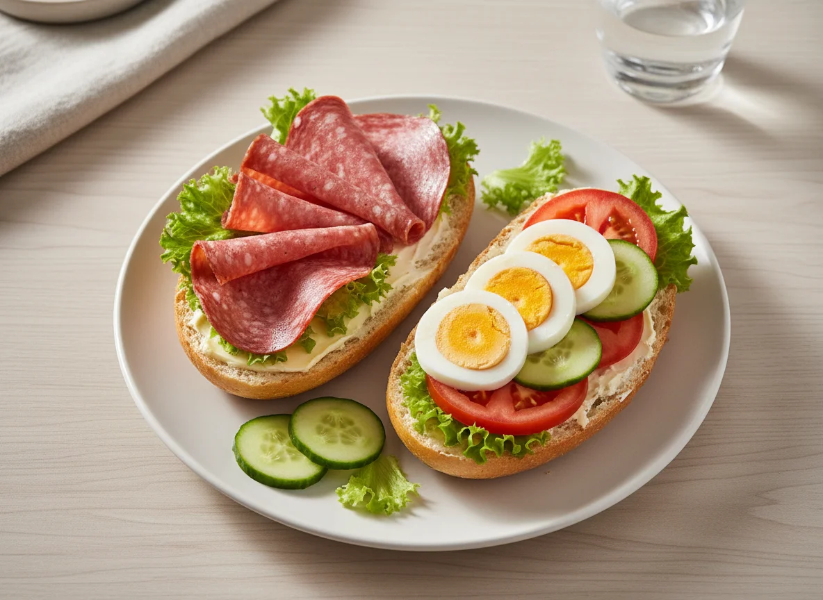 Salami Brötchen mit Ei und Gemüse photo