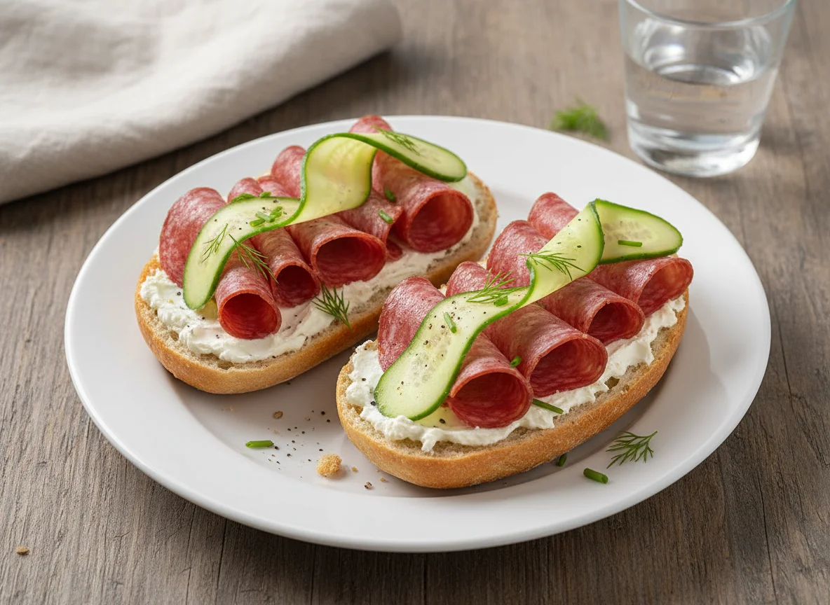 Salami Brötchen mit Gurke photo