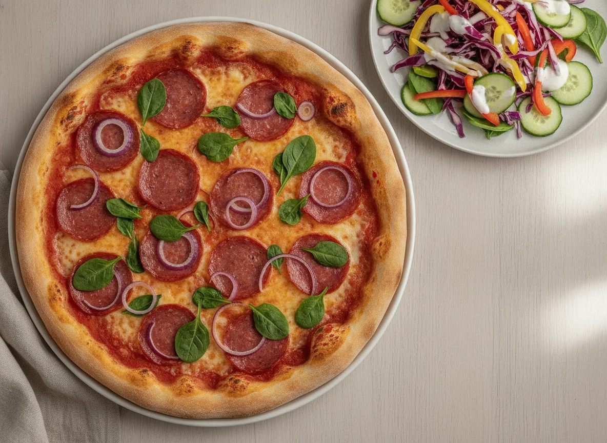Salami Pizza mit gemischtem Salat photo