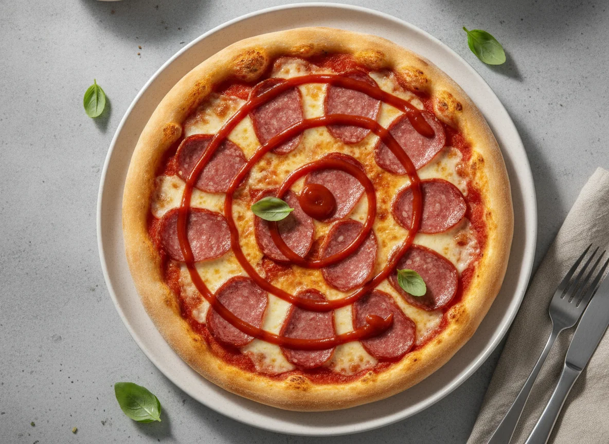 Salami Pizza mit Ketchup photo