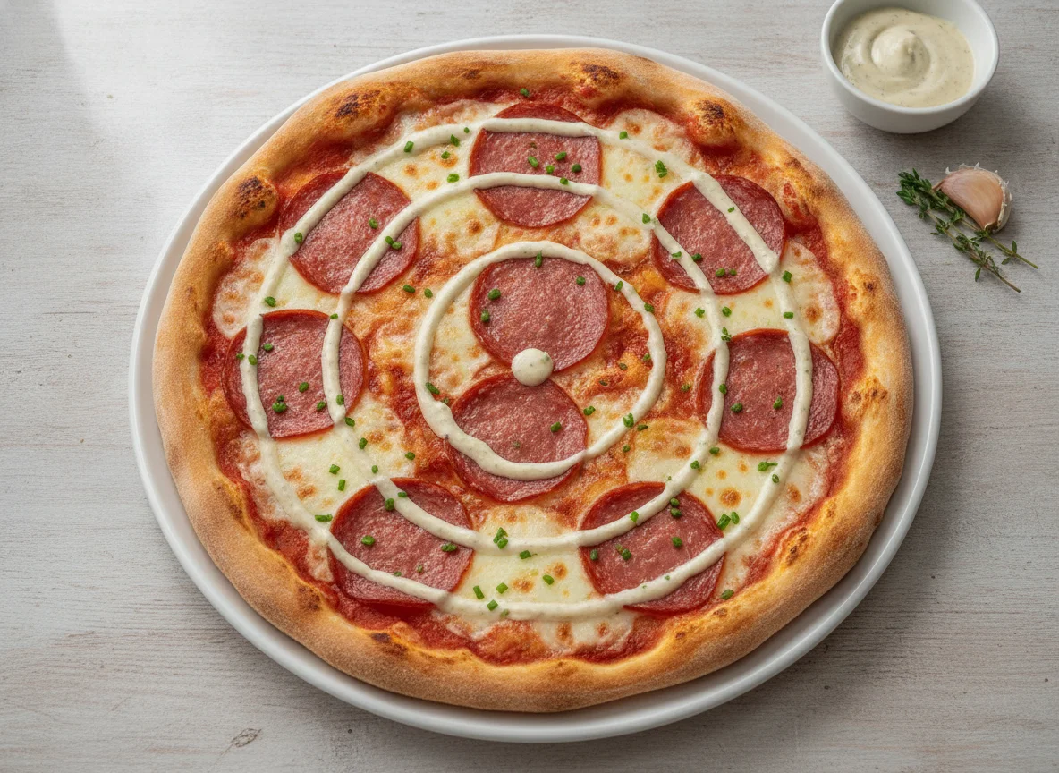 Salami Pizza mit Knoblauchsauce photo