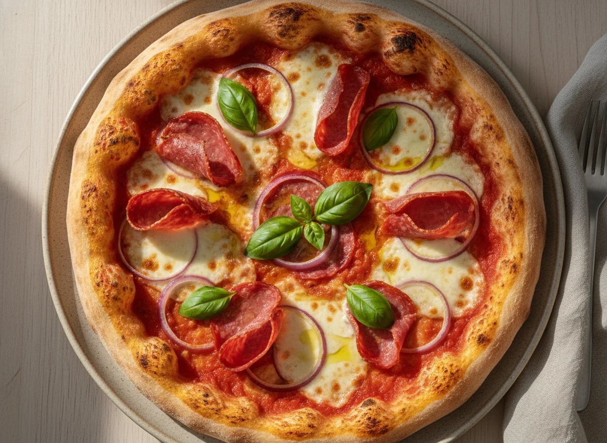 Salami Pizza mit Zwiebeln und Basilikum photo