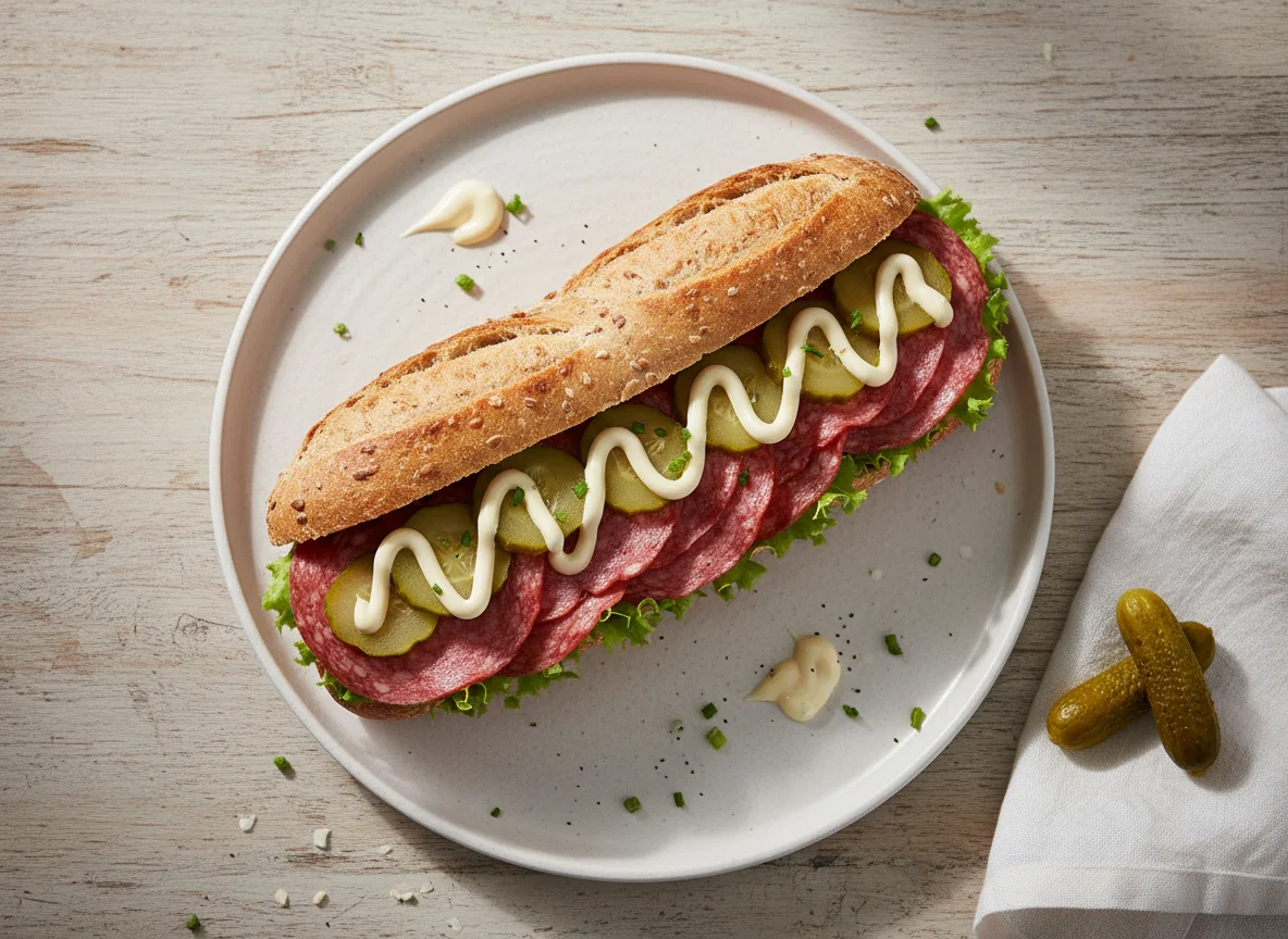 Salami-Baguette mit Gurken und Mayonnaise photo