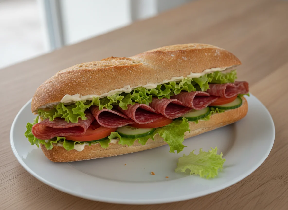 Salami-Baguette mit Salat und Tomate photo