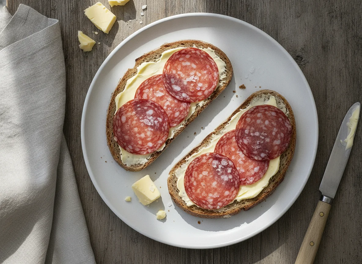 Salami-Brot mit Butter photo