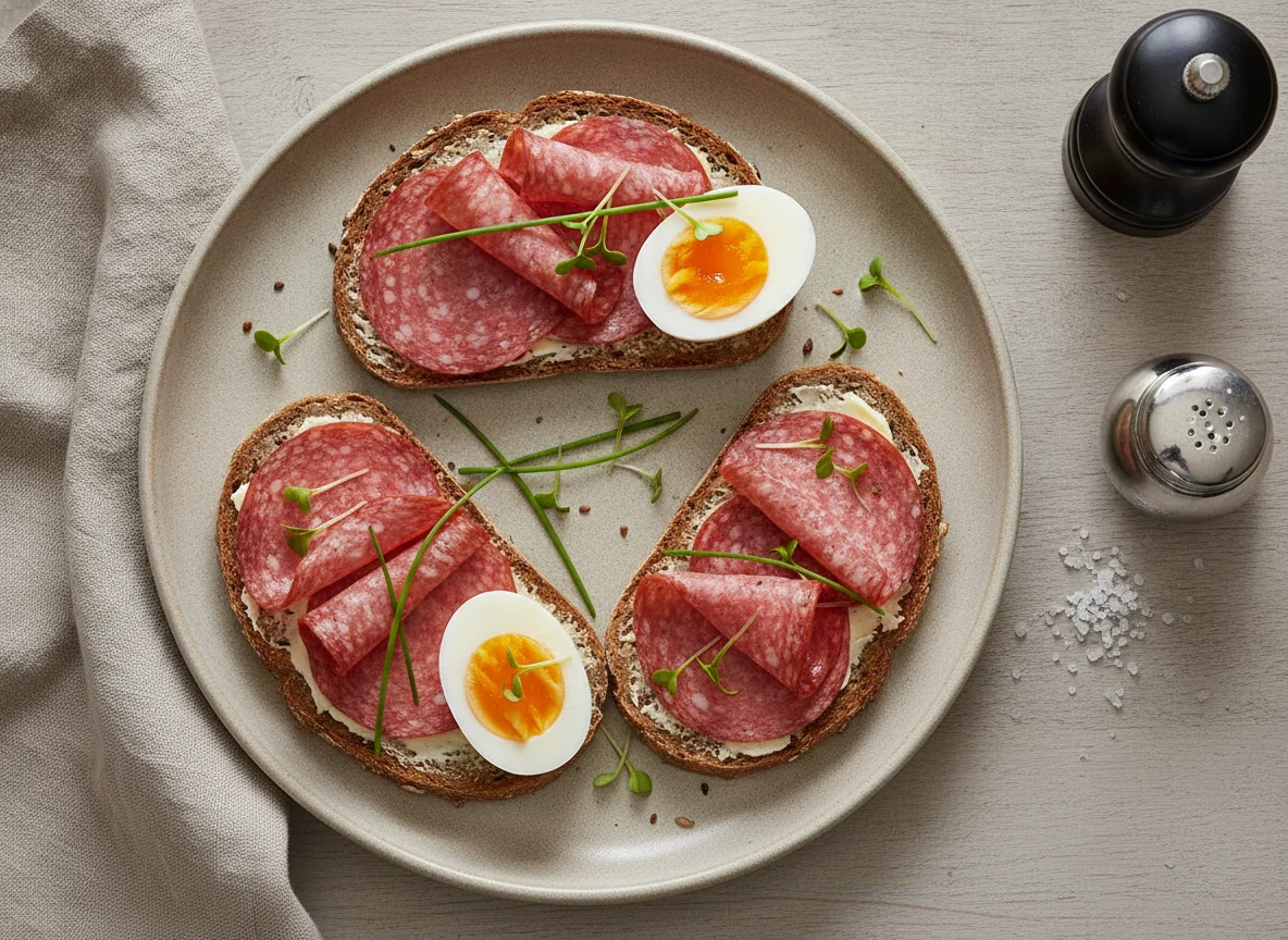 Salami-Brot mit gekochtem Ei photo