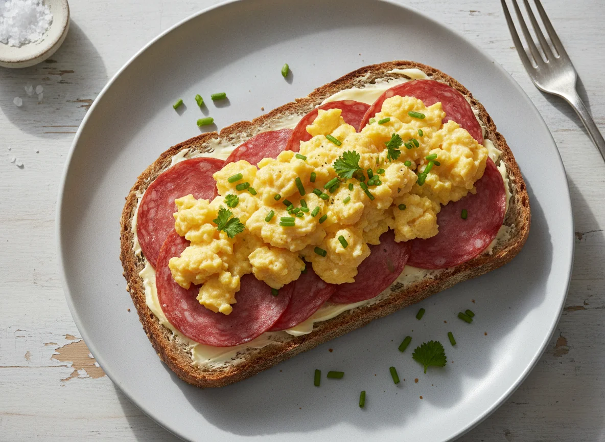 Salami-Brot mit Rührei photo