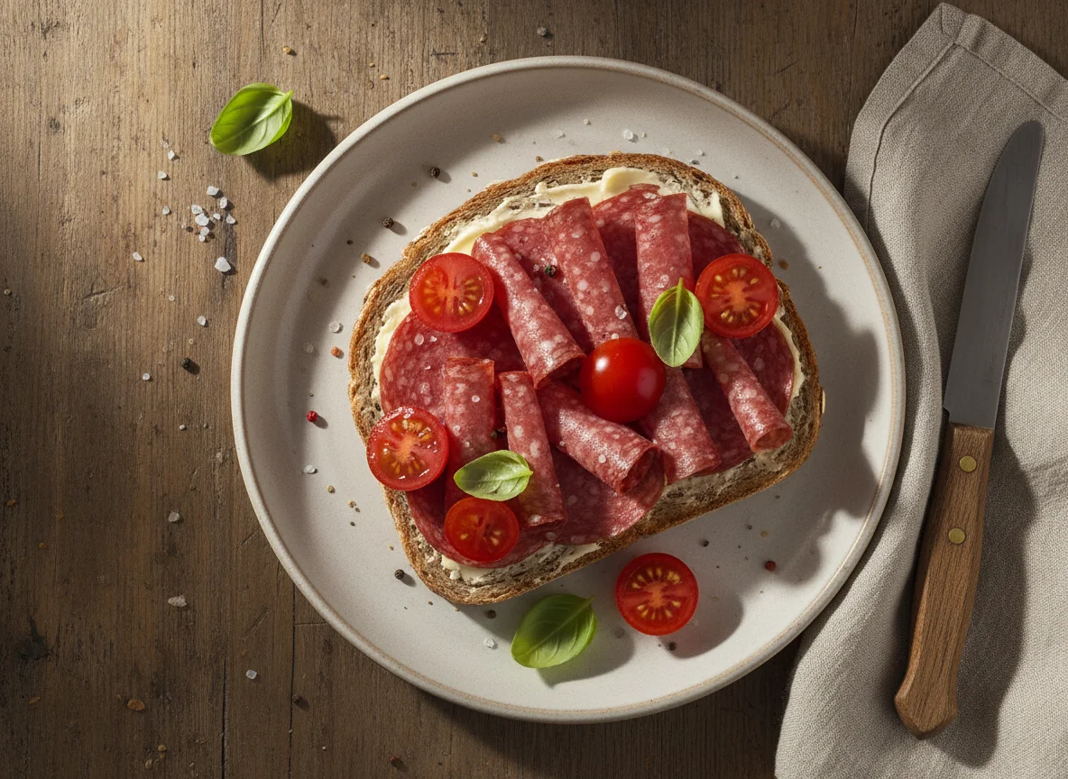 Salami-Brot mit Tomate photo