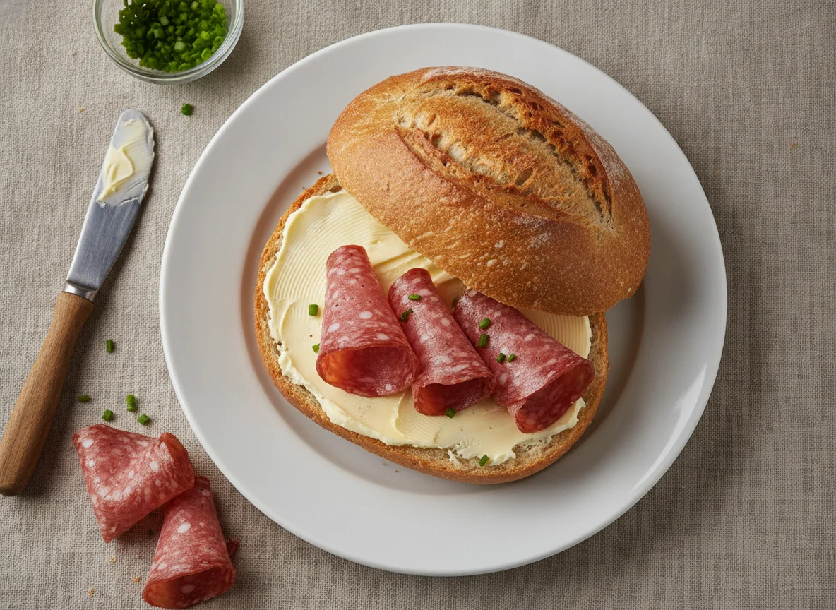 Salami-Brötchen mit Butter photo