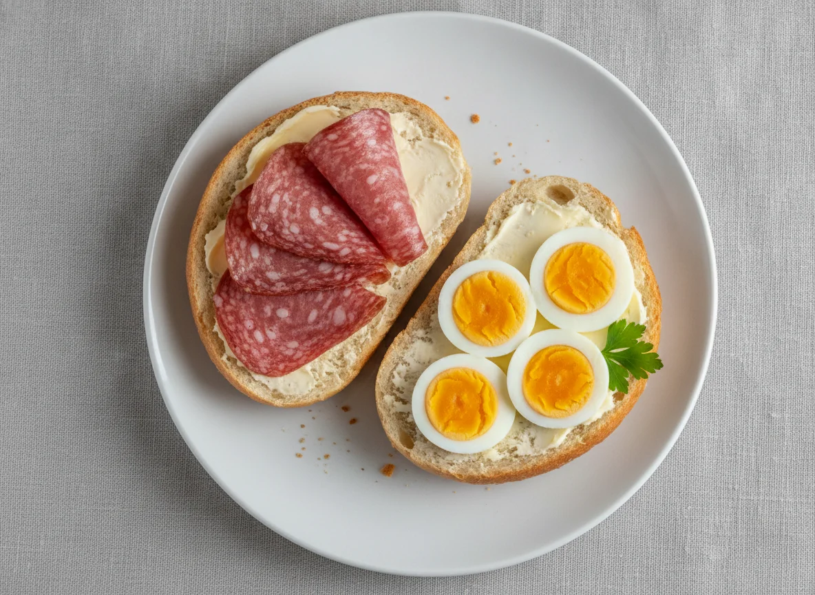Salami-Brötchen mit gekochtem Ei photo