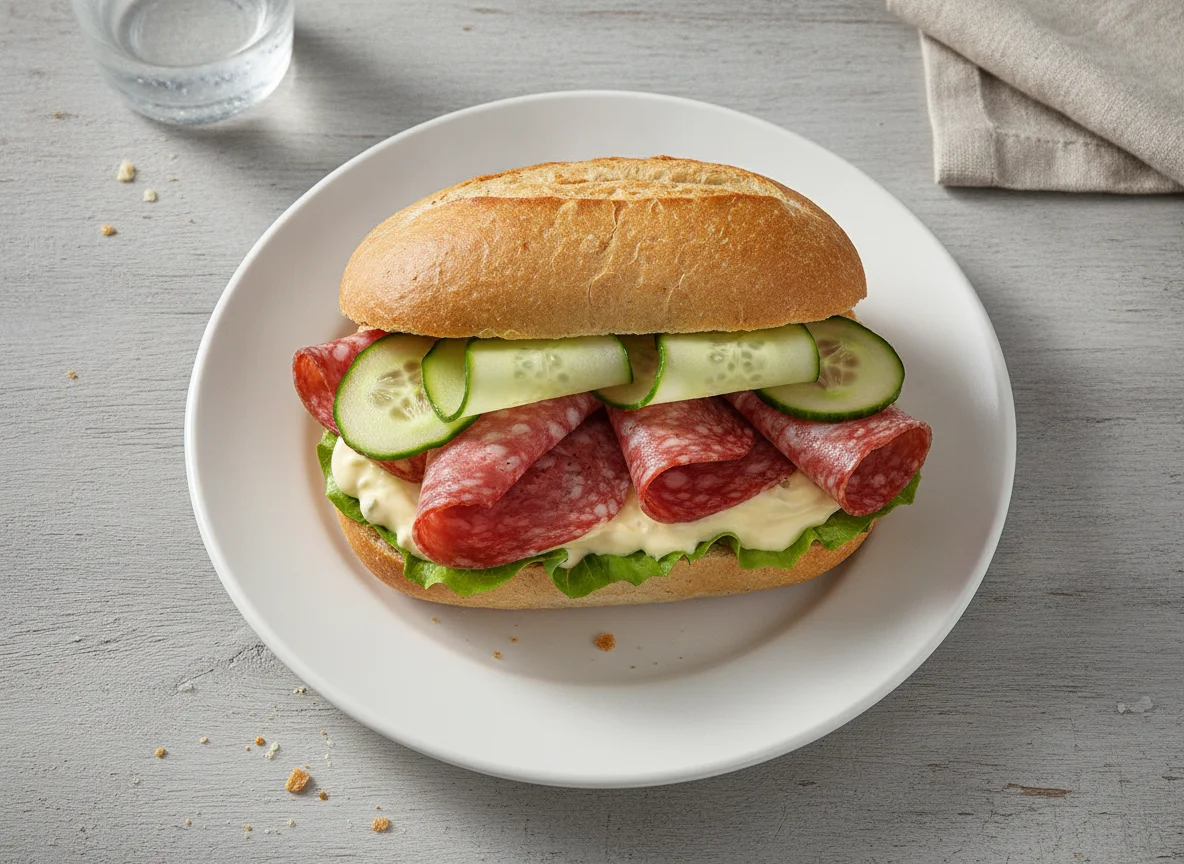 Salami-Brötchen mit Gurkenscheiben photo