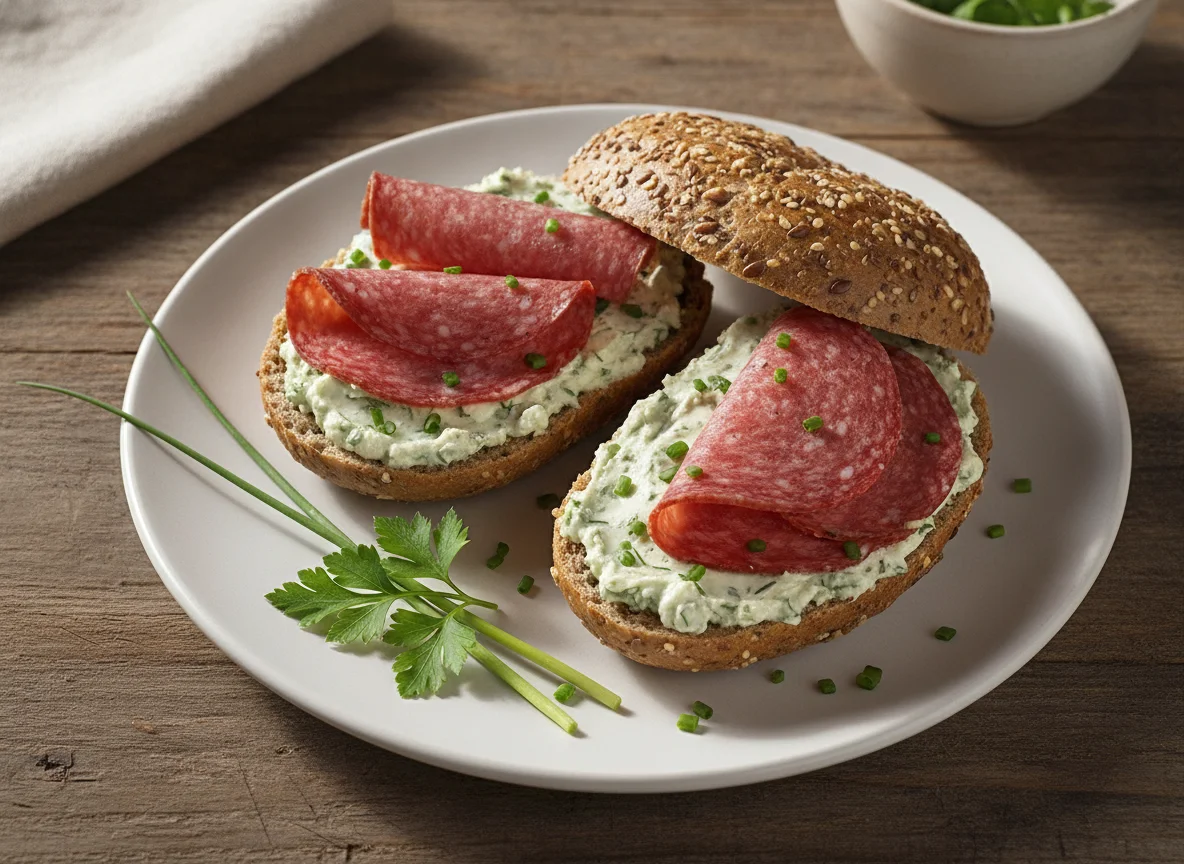 Salami-Brötchen mit Kräuterfrischkäse photo