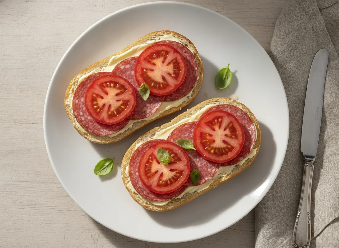 Salami-Brötchen mit Tomaten photo