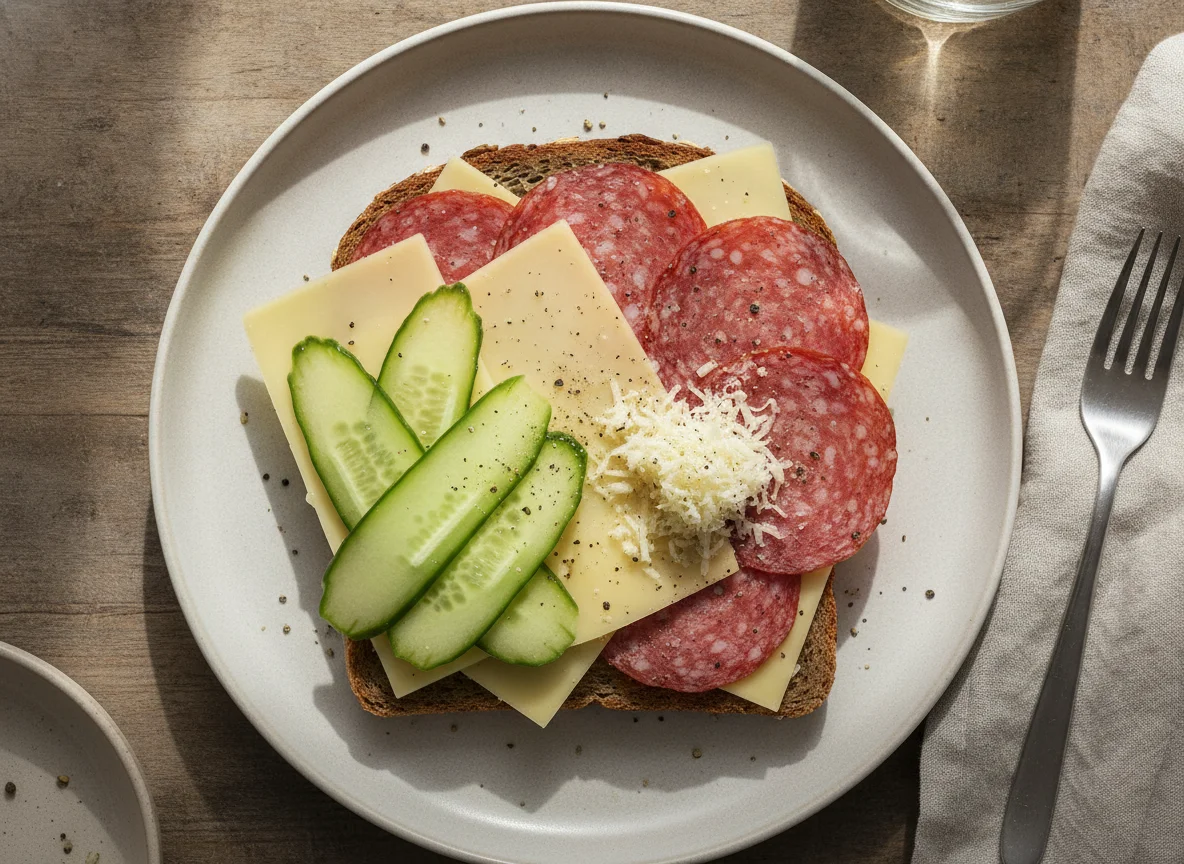 Salami-Käse-Brot mit Gurke photo