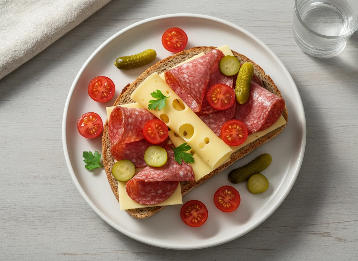 Salami-Käse-Brot mit Tomaten und Essiggurken photo