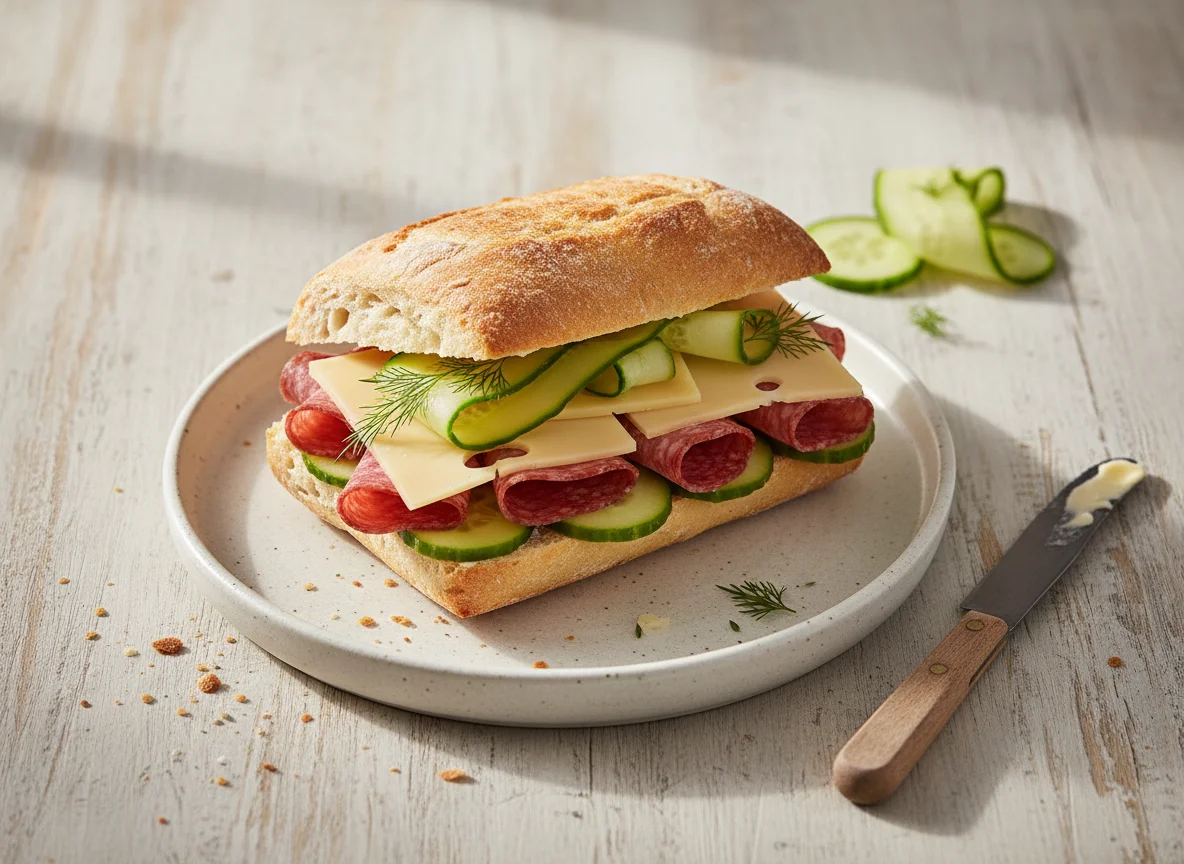 Salami-Käse-Brötchen mit Gurke photo