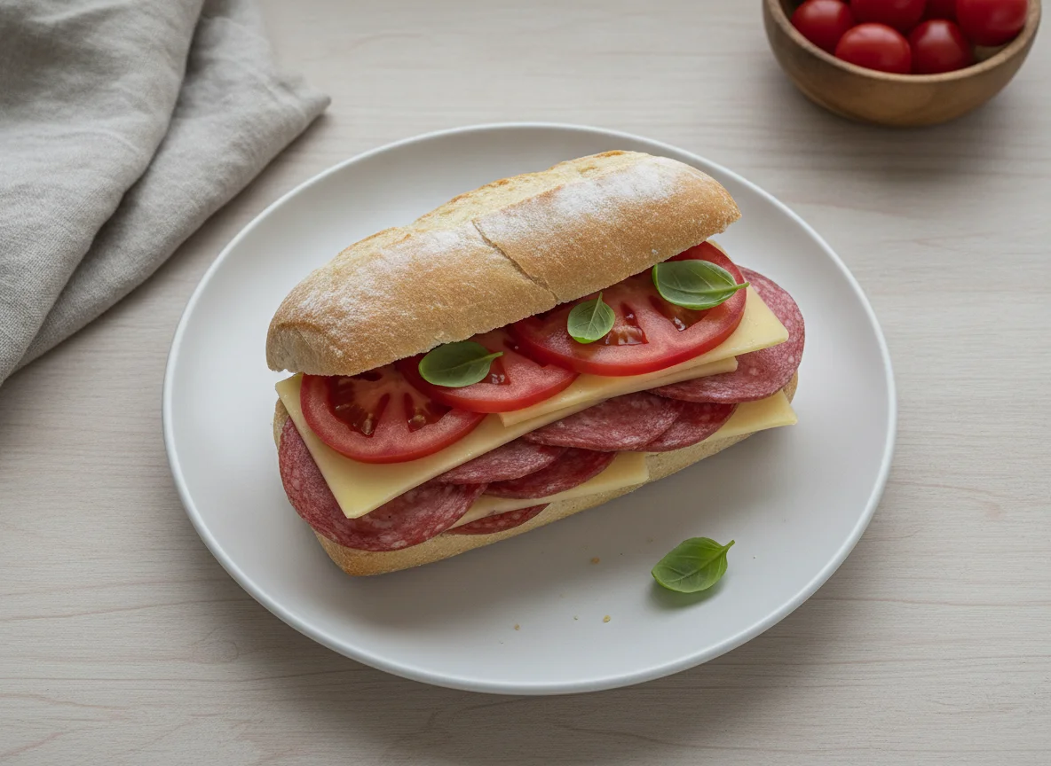Salami-Käse-Brötchen mit Tomate photo