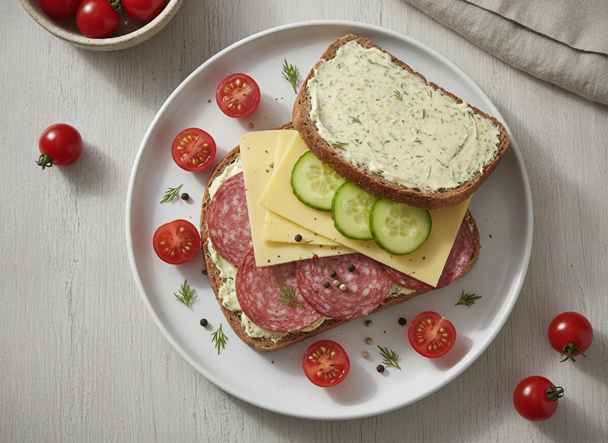 Salami-Käse-Sandwich mit Kirschtomaten photo