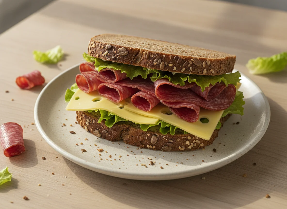 Salami-Käse-Sandwich mit Vollkornbrot photo